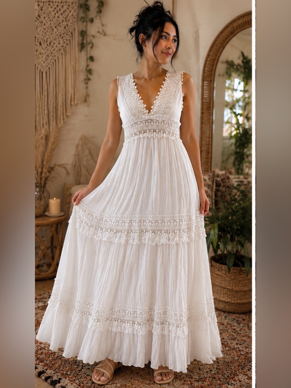 Rue21 White Boho Lace V-Neck Maxi Dress